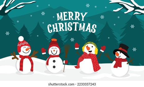 Merry christmas with happy snowman in winter season outfits on snow floor