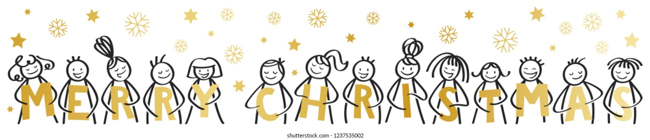 Merry Christmas, happy stick figures smiling and laughing, holding golden letters, with snowflakes and stars, horizontal banner, isolated on white background