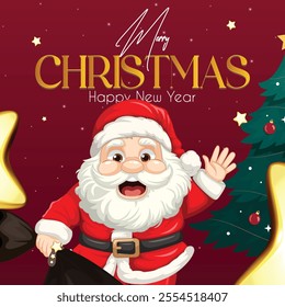 Merry Christmas and Happy. A  warm smile and rosy cheeks, Santa is depicted in his classic red suit adorned with white fur trim, holding a sack overflowing with colorful gifts. Vector  Illustration