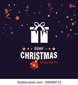 Merry Christmas and Happy Winter background celebration typography with presents and gift box. Vector illustration. Carnival with many confetti and streamers