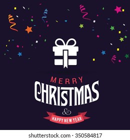 Merry Christmas and Happy Winter background celebration typography with presents and gift box. Vector illustration. Carnival with many confetti and streamers