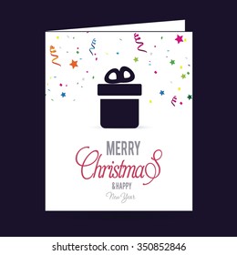 Merry Christmas and Happy Winter background celebration typography with presents and gift box. Vector illustration. Holiday Chrisatmas confetti background