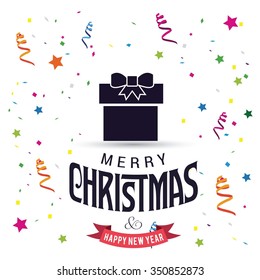 Merry Christmas and Happy Winter background celebration typography with presents and gift box. Vector illustration. Holiday Chrisatmas confetti background