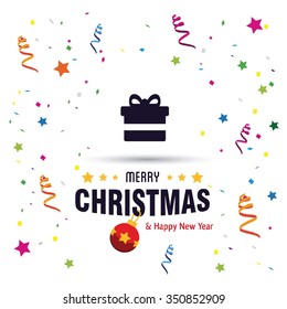 Merry Christmas and Happy Winter background celebration typography with presents and gift box. Vector illustration. Holiday Chrisatmas confetti background