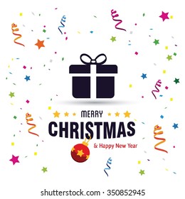 Merry Christmas and Happy Winter background celebration typography with presents and gift box. Vector illustration. Holiday Chrisatmas confetti background