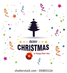 Merry Christmas and Happy Winter background celebration typography with presents and gift box. Vector illustration. Holiday Chrisatmas confetti background