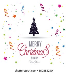 Merry Christmas and Happy Winter background celebration typography with presents and gift box. Vector illustration. Holiday Chrisatmas confetti background