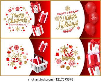 Merry Christmas and happy winter days, big sales vector. Basket with present box decorated with bow, price reduction on half and 25 percents per item