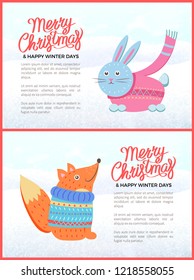 Merry Christmas and Happy Winter Days greeting card. Card with funny blue easter bunny dressed in pink costume and red fox in knitted sweater, vector