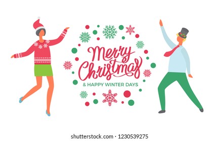 Merry Christmas and Happy winter days, dancing people colleagues. Party celebration, man in high hat, woman in Santa Claus headwear cartoon style, lettering