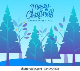 Merry Christmas and Happy winter days greeting card decorated by fir-tree traditional Xmas symbol and branch with leaves. Card of winter holidays with wood in blue color and snowy weather vector