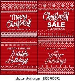 Merry Christmas and happy winter days postcard. Bright holiday Xmas card with embroidery symbols and clearance sale ad. Discounts during snowing festive, cover with handicraft snowflakes vector