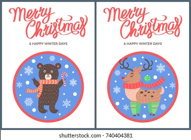 Merry Christmas and Happy winter days animal set deer with luxury horns, bear in scarf images with snowflakes vector illustrations in circles snowballs