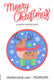 Merry Christmas and Happy winter days animal deer with luxury horns and dressed in green socks, vector illustrations in circles snowballs snowflakes