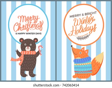 Merry Christmas and happy winter days, poster with bear wearing scarf and holding sweet candy and fox in sweater vector isolated on blue stripes