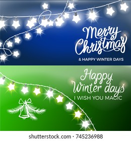 Merry Christmas and happy winter days congratulations on postcards with garland of small lamps in form of star vector illustrations.