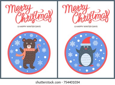 Merry Christmas and Happy winter days animal set penguin in hat, bear in scarf images with snowflakes vector illustrations in round circles snowballs