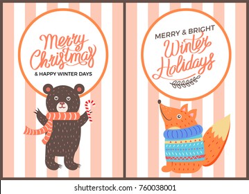 Merry Christmas and happy winter days, poster with bear wearing scarf and holding sweet candy and fox in sweater vector isolated on red stripes