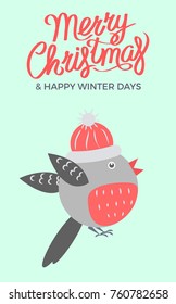 Merry Christmas and happy winter days, promotional poster with bullfinch wearing red hat vector illustration isolated on green background