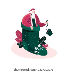 Merry Christmas and Happy winter Holidays. Happy Santa in festive fairy smart sock Before Xmas. Smiling character hasting in a hurry to congratulate children New Year Cartoon Flat Vector Illustration