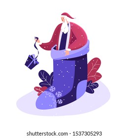 Merry Christmas and Happy winter Holidays. Happy Santa in festive fairy smart sock Before Xmas. Smiling character hasting in a hurry to congratulate children New Year Cartoon Flat Vector Illustration
