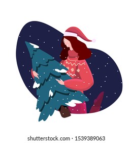 Merry Christmas, Happy winter Holidays. Smiling happy girl holding a Christmas tree to decorate at home. Fairy Holly snowing evening. Congratulative card Celebrating. Cartoon Flat Vector Illustration