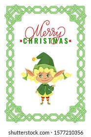 Merry christmas and happy winter holidays. Little blonde girl stand in green costume. Greeting postcard with frame, xmas elf and designed caption. Vector illustration of fairy character in flat style