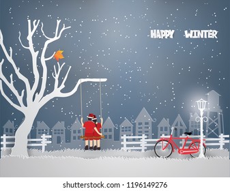 Merry Christmas and HAPPY WINTER with Young Couple sitting tree swing at Urban countryside city  in snow  winter season, Paper art style and  Illustration