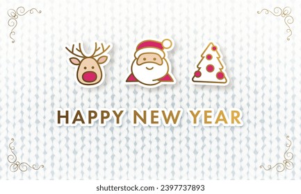 Merry Christmas and Hapy New year greeting card or web banner with cartoon 3d santa, christmas tree and reindeer on white realistic knitting pattern. Vector illustration