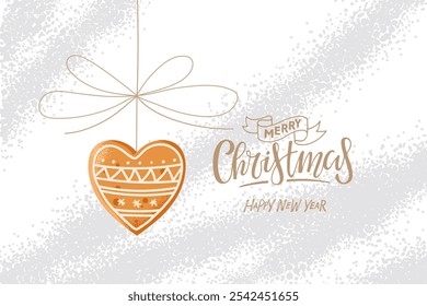 Merry Christmas and Hapy New Year card with Heart shape cookie and handwritten calligraphy lettering. Traditional Christmas baking. Flat vector isolated on white textured background. Winter Holidays