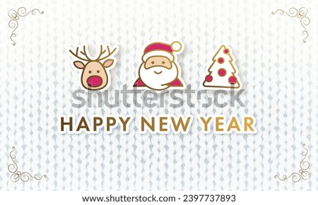 Merry Christmas and Hapy New year greeting card or web banner with cartoon 3d santa, christmas tree and reindeer on white realistic knitting pattern. Vector illustration