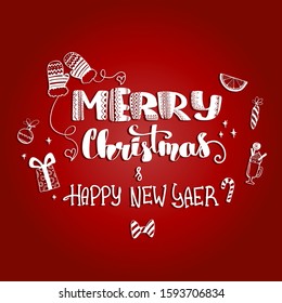 Merry Christmas and Harper new year calligraphic poster.  Lettering composition for winter holidays with celebrate things. 