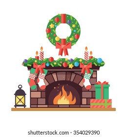 Merry Christmas and harry New Year holiday decoration vector illustration set. Christmas  wreath, lantern light, gift boxes, christmas socks, holiday candles, fireplace heat on white background