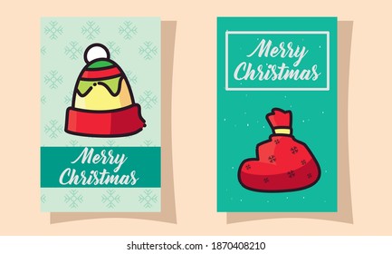 merry christmas hat and bag flat style icon design, winter season and decoration theme Vector illustration