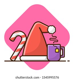 Merry Christmas Hat Santa Clause, a cup of tea, Sweet candy Christmas, Vector Illustration. Merry Christmas and a happy new year. Flat style vector illustration.