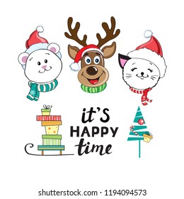 Merry Christmas head animals cat, polar bear, Christmas deer and lettering it`s happy time on a white background