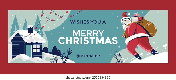 Merry Christmas Header for Social Media Santa Claus with gifts heading to a house on Christmas Eve