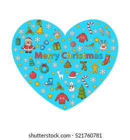 Merry Christmas heart made of icons and symbols. Vector illustration.Blue heart with winter elements design
