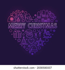 Merry Christmas heart-shaped vector linear colored illustration - Xmas concept outline banner on dark background