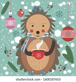 Merry Christmas Hedgehog with a cup of Coffee. Vector Illustration
