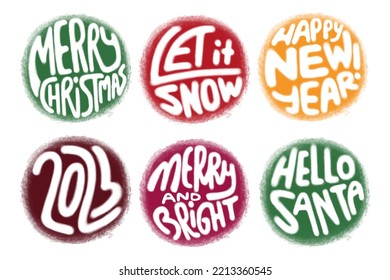 Merry Christmas, Hello Santa, Merry and Bright, Let it Snow, 2023, Happy New Year - vector lettering for holiday cards, greeting posters. Phrases in colorful circles on white isolated background. 