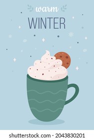 Merry Christmas, hello winter greeting card. Hot drink with ginger cookie. Vector illustration.