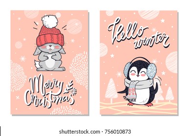Merry Christmas hello winter greeting cards penguin in earphones, scarf over neck and rabbit in warm hat on winter landscapes vector illustrations set
