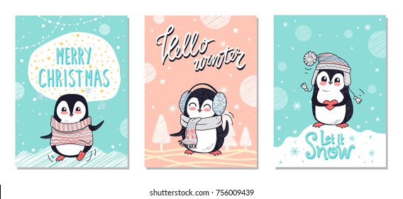 Merry Christmas hello winter let it snow greeting Christmas cards with penguin in warm cloth on winter landscape backgrounds, cute polar birds vector