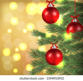 Merry Christmas, hello winter, realistic red ball and green fir, lights banner, celebration decoration, winter holiday, vector illustration