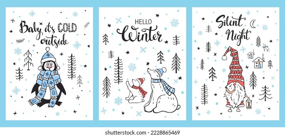 merry christmas, hello winter, silent night fun xmas time greeting cards set templates with cute cartoon penguin polar bears, gnome and  snow forest with snowflakes and stars, scandinavian style 