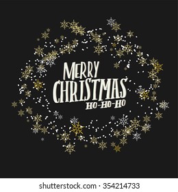 Merry Christmas ho ho ho lettering. White and gold sign and snowfall on dark background. Greeting card template. 