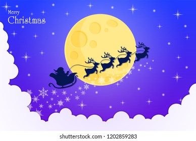 Merry Christmas. Ho Ho Ho Santa and reindeer Through the moon to give gifts to children on Christmas Eve.