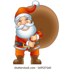 Merry Christmas, Ho-Ho-Ho! Santa Claus with a bag of gifts. Vector illustration.