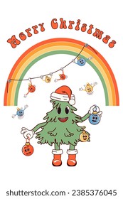 Merry Christmas. Holiday atmosphere. Retro character in cartoon fashion groovy style. Atmosphere of the 60's and 70's. Merry Christmas and Happy New Year. Vector illustration
